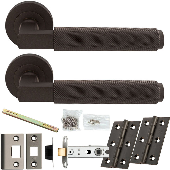 Door Handle & Latch Pack - Matt Bronze - Square Knurled Bar Lever On Round Rose