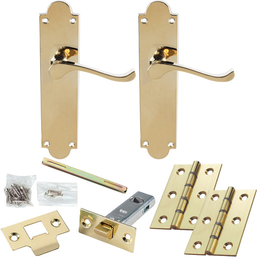 Door Handle & Latch Pack Polished Brass Modern Scroll Lever Scalloped Backplate