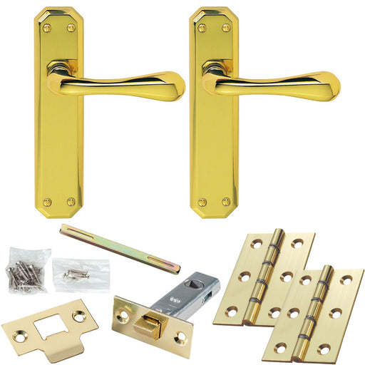 Door Handle & Latch Pack - Polished Brass - Flared End Lever On Shaped Backplate