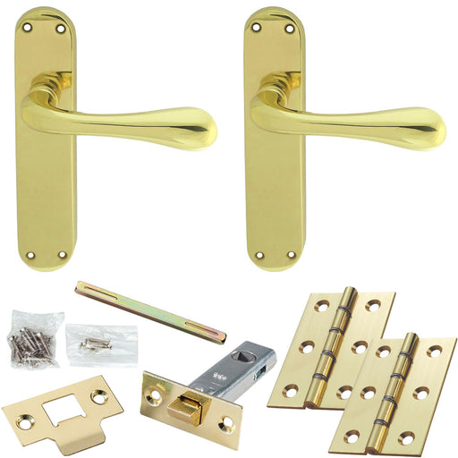 Door Handle & Latch Pack Polished Brass Flared End Lever On Rounded Backplate