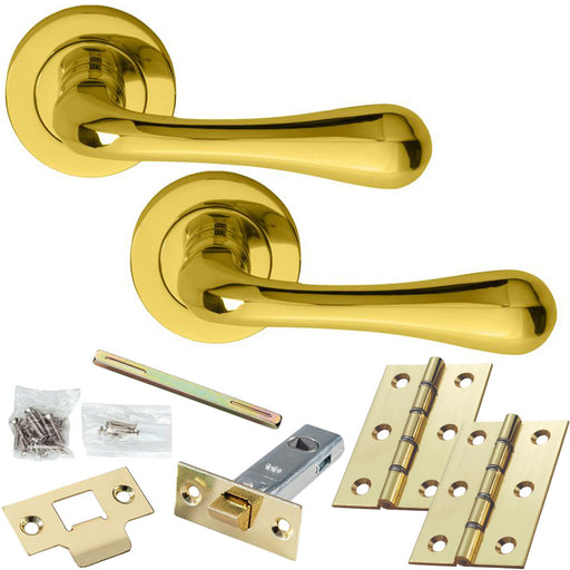 Door Handle & Latch Pack - Polished Brass - Flared Short Bar Lever On Round Rose