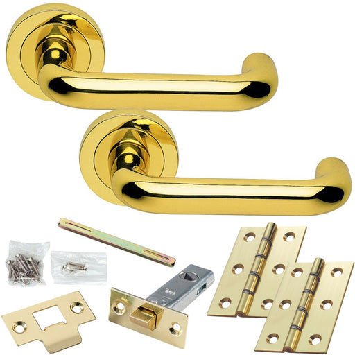 Door Handle & Latch Pack - Polished Brass - Curved Round Bar Lever On Round Rose