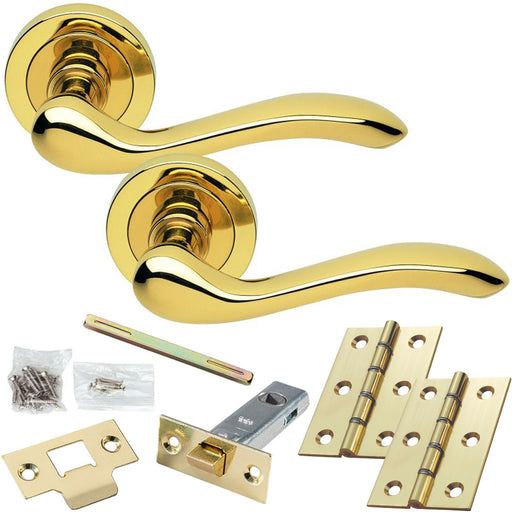 Door Handle & Latch Pack - Polished Brass - Modern Scroll Bar Lever Round Rose