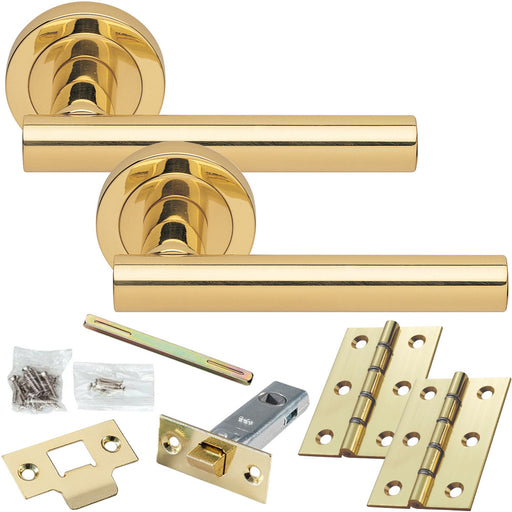 Door Handle & Latch Pack - Polished Brass - Straight Round Bar Lever Round Rose