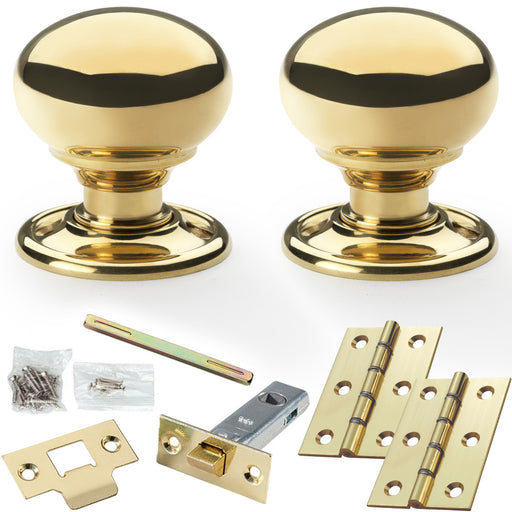 Mortice Door Knob & Latch Pack Polished Brass 41mm Smooth Mushroom On Round Rose