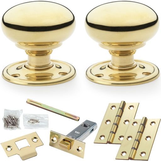 Mortice Door Knob & Latch Pack Polished Brass 51mm Smooth Mushroom On Round Rose