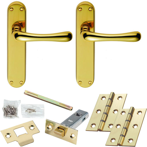 Door Handle & Latch Pack Polished Brass Modern Bar Lever On Rounded Backplate