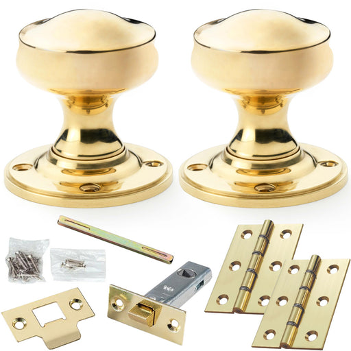 Mortice Door Knob & Latch Pack Polished Brass 50mm Smooth Georgian On Round Rose