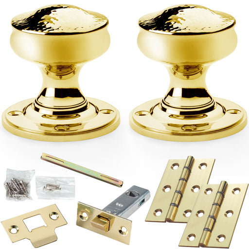 Mortice Door Knob & Latch Pack Polished Brass 50mm Hammered Georgian Round Rose