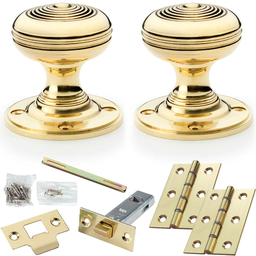 Mortice Door Knob & Latch Pack Polished Brass 50mm Smooth Ringed On Round Rose