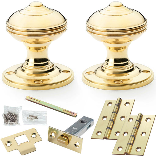 Mortice Door Knob & Latch Pack Polished Brass 50mm Classic Reeded On Round Rose