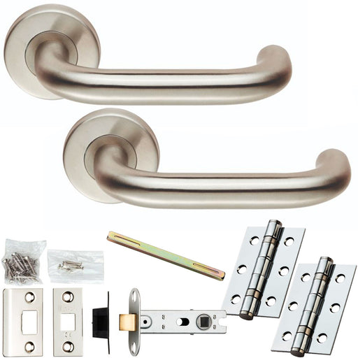 Door Handle & Latch Pack - Bright Steel - Round Curved Bar Lever On Round Rose