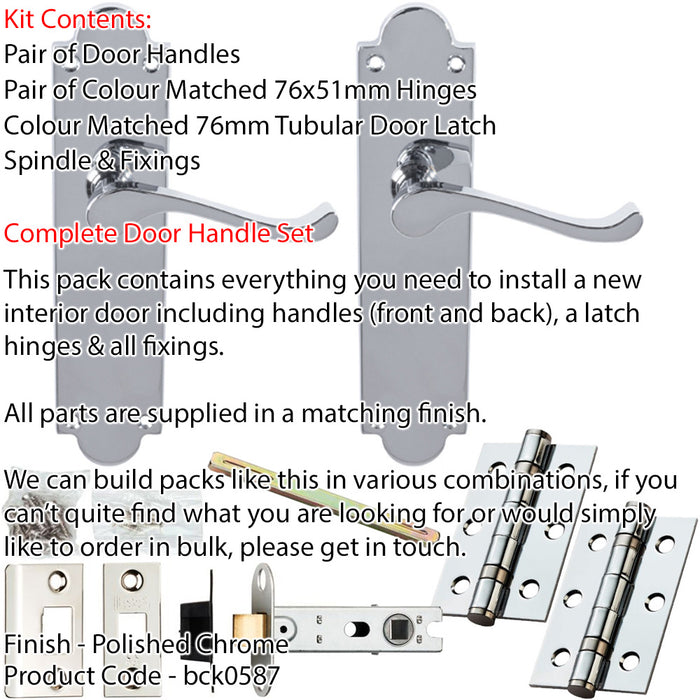 Door Handle & Latch Pack Polished Chrome Modern Scroll Lever Scalloped Backplate 1