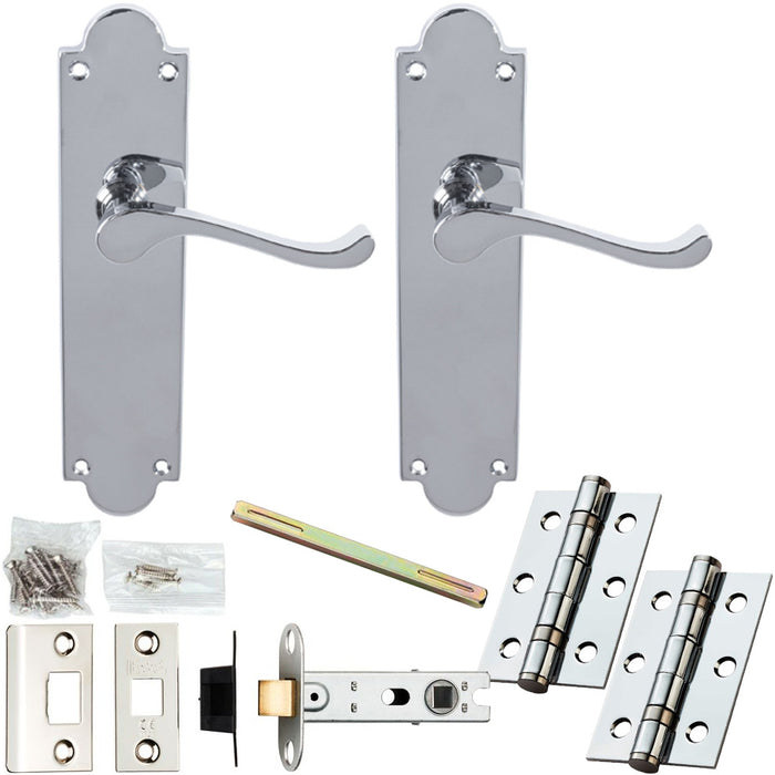 Door Handle & Latch Pack Polished Chrome Modern Scroll Lever Scalloped Backplate