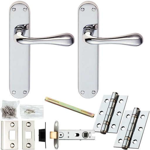 Door Handle & Latch Pack Polished Chrome Flared End Lever On Rounded Backplate