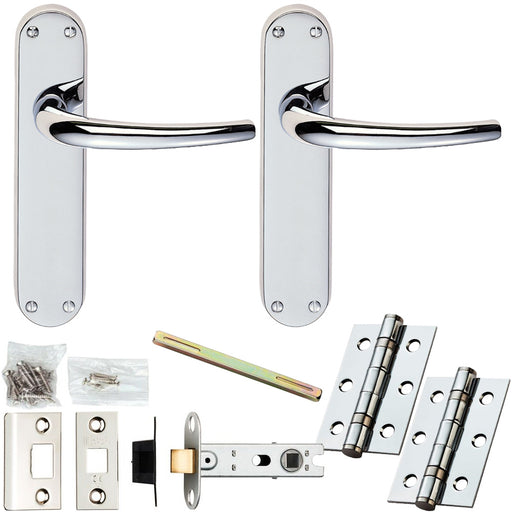 Door Handle & Latch Pack Polished Chrome Slim Curved Lever On Rounded Backplate