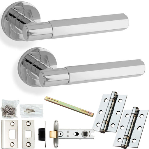 Door Handle & Latch Pack - Polished Chrome - Industrial Hex Lever On Round Rose