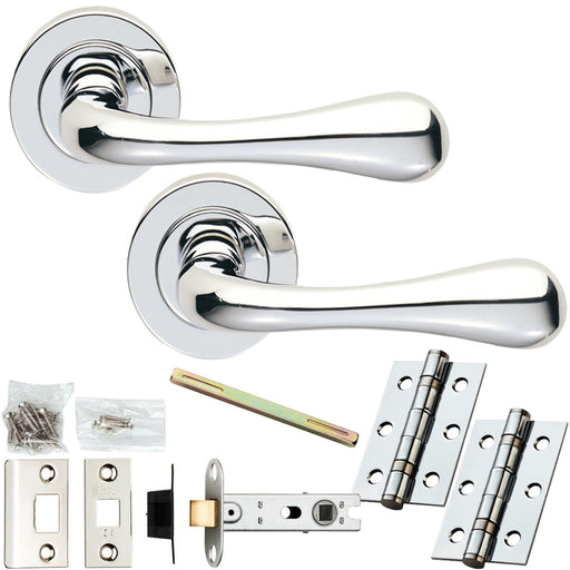 Door Handle & Latch Pack - Polished Chrome - Flared Short Bar Lever Round Rose