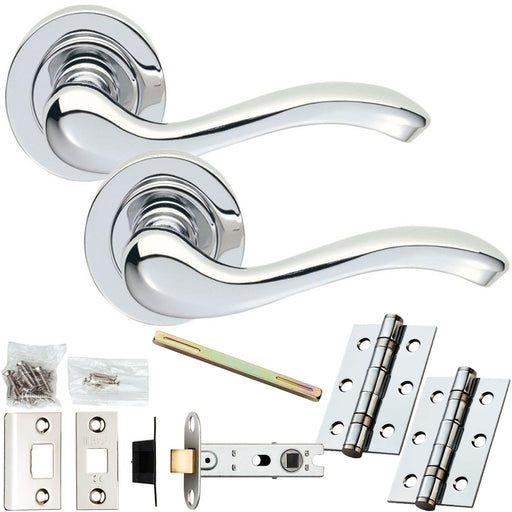 Door Handle & Latch Pack - Polished Chrome - Modern Scroll Bar Lever Round Rose