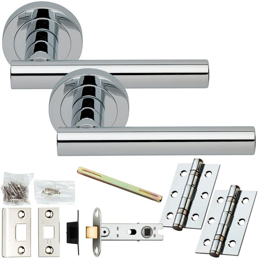 Door Handle & Latch Pack - Polished Chrome - Straight Round Bar Lever Round Rose