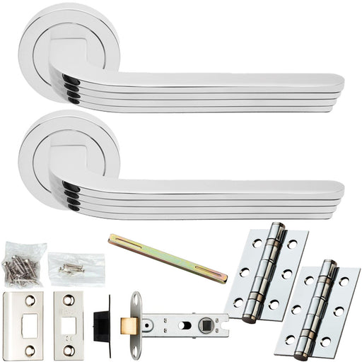 Door Handle & Latch Pack - Polished Chrome - Art Deco Reeded Lever On Round Rose