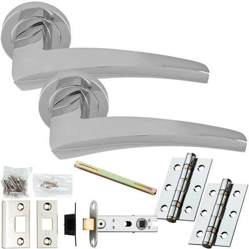 Door Handle & Latch Pack Polished Chrome Chunky Curved Arched Lever Round Rose