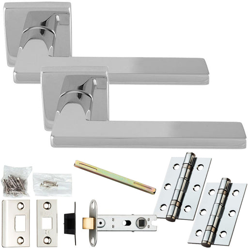 Door Handle & Latch Pack Polished Chrome Slim Smooth Bar Lever On Square Rose