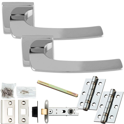 Door Handle & Latch Pack Polished Chrome Slim Curved Bar Lever On Square Rose