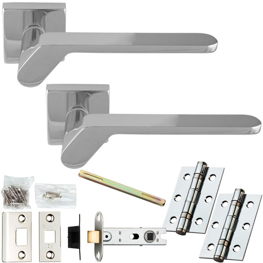 Door Handle & Latch Pack Polished Chrome Slim Angled Bar Lever On Square Rose