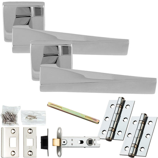 Door Handle & Latch Pack Polished Chrome Chunky Twist Bar Lever On Square Rose