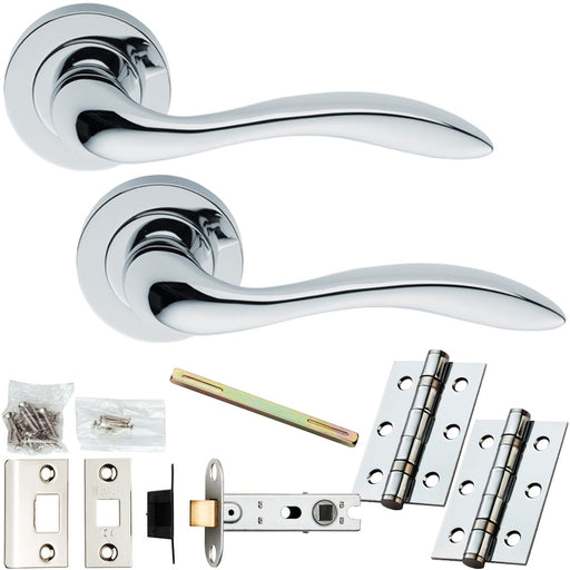 Door Handle & Latch Pack - Polished Chrome - Smooth Scroll Lever On Round Rose