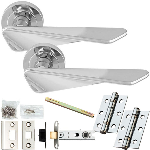 Door Handle & Latch Pack Polished Chrome Chunky Twist Bar Lever On Round Rose