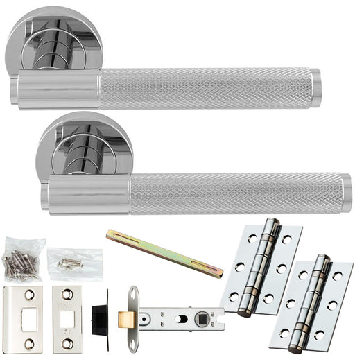 Door Handle & Latch Pack Polished Chrome Knurled Straight Bar Lever Round Rose