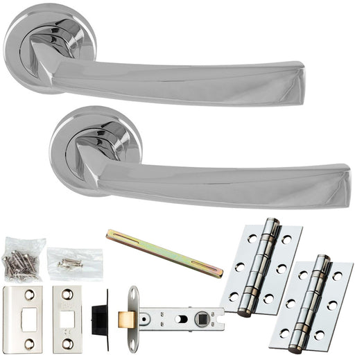 Door Handle & Latch Pack - Polished Chrome - Angled Arch Bar Lever On Round Rose