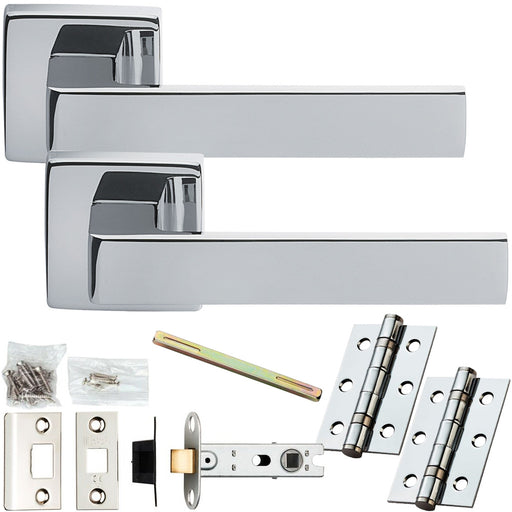 Door Handle & Latch Pack - Polished Chrome - Flat Slim Bar Lever On Square Rose