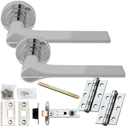 Door Handle & Latch Pack - Polished Chrome - Slim Modern Lever On Round Rose