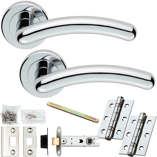 Door Handle & Latch Pack - Polished Chrome - Arched Curved Lever On Round Rose