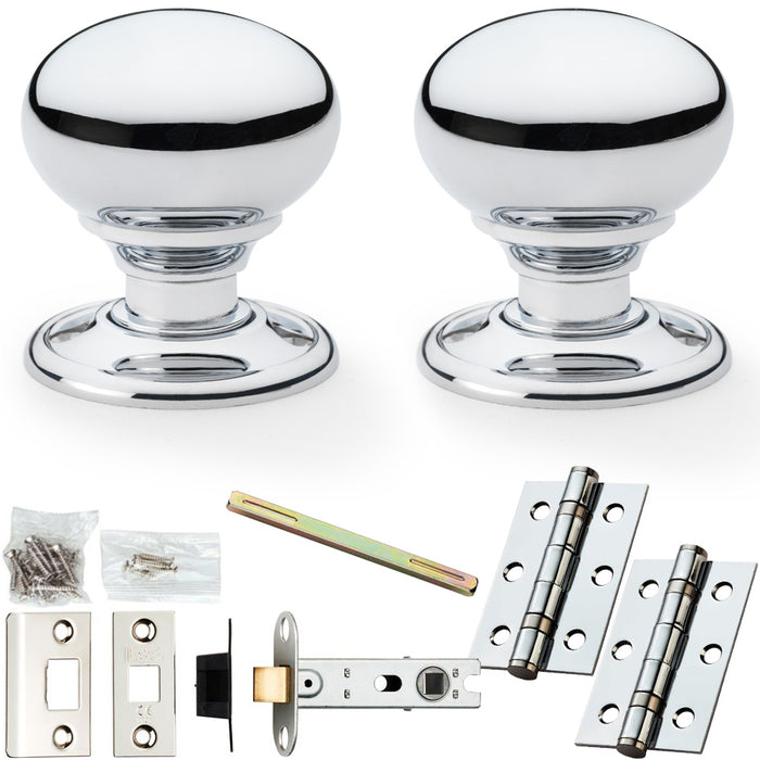 Mortice Door Knob & Latch Pack Polished Chrome 41mm Smooth Mushroom Round Rose