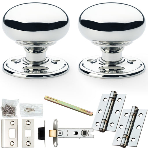 Mortice Door Knob & Latch Pack Polished Chrome 51mm Smooth Mushroom Round Rose