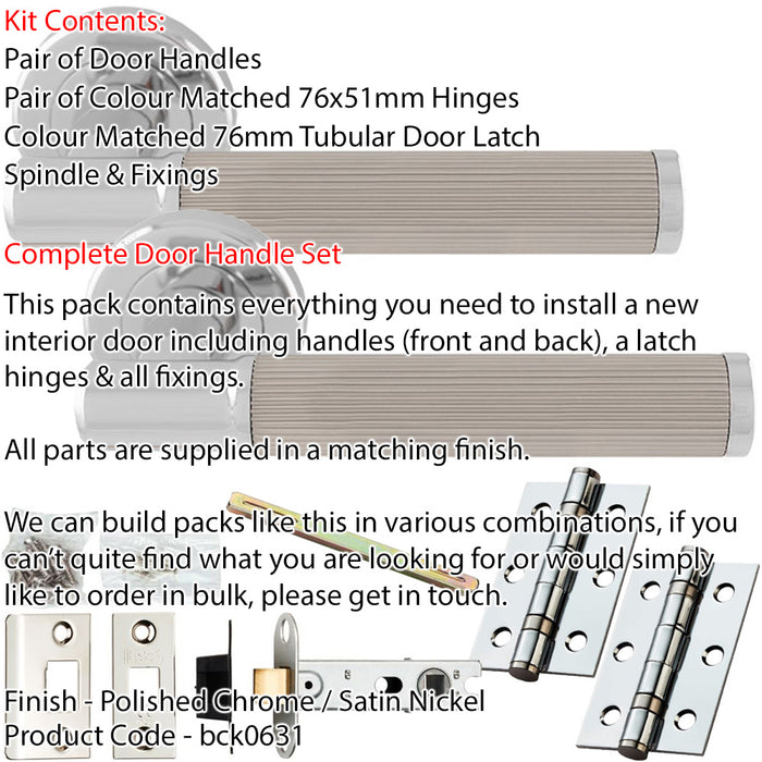 Door Handle & Latch Pack Chrome & Nickel Flared Lined Reeded Lever Round Rose 1