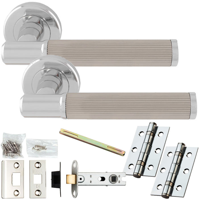 Door Handle & Latch Pack Chrome & Nickel Flared Lined Reeded Lever Round Rose