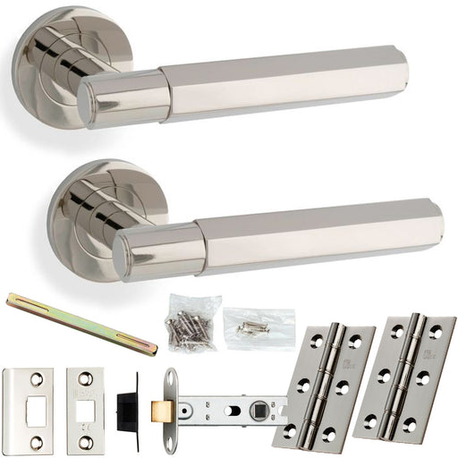 Door Handle & Latch Pack - Polished Nickel - Industrial Hex Lever On Round Rose