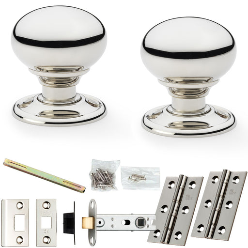 Mortice Door Knob & Latch Pack Polished Nickel 41mm Smooth Mushroom Round Rose