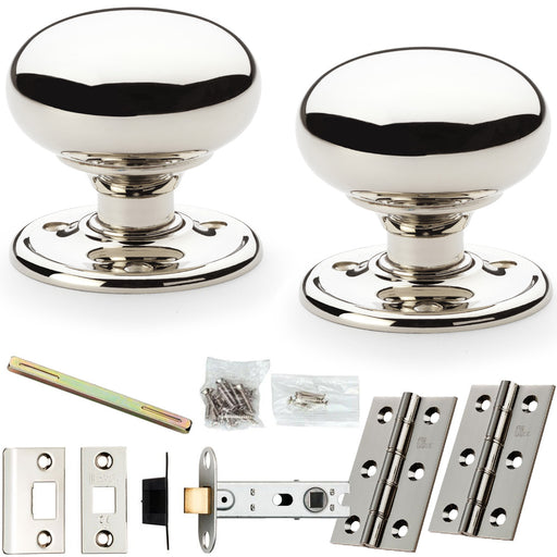 Mortice Door Knob & Latch Pack Polished Nickel 51mm Smooth Mushroom Round Rose