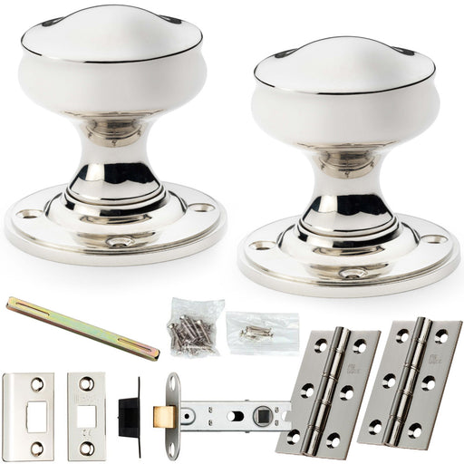 Mortice Door Knob & Latch Pack Polished Nickel 50mm Smooth Georgian Round Rose