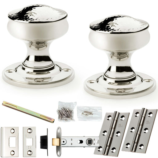 Mortice Door Knob & Latch Pack Polished Nickel 50mm Hammered Georgian Round Rose