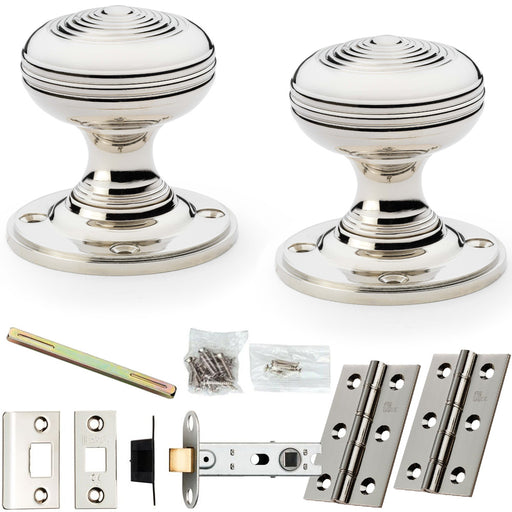 Mortice Door Knob & Latch Pack Polished Nickel 50mm Smooth Ringed On Round Rose