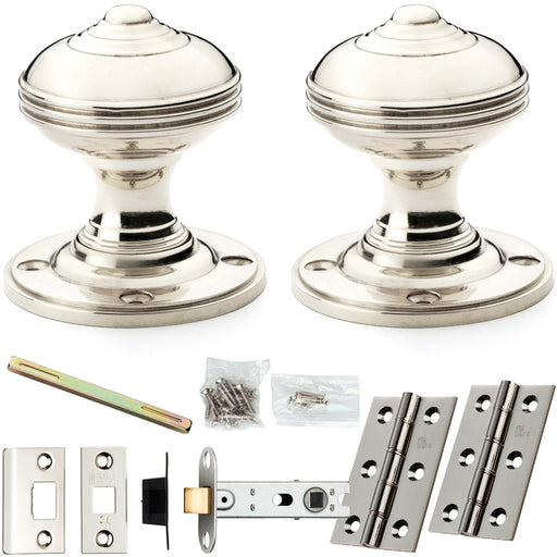 Mortice Door Knob & Latch Pack Polished Nickel 50mm Classic Reeded On Round Rose