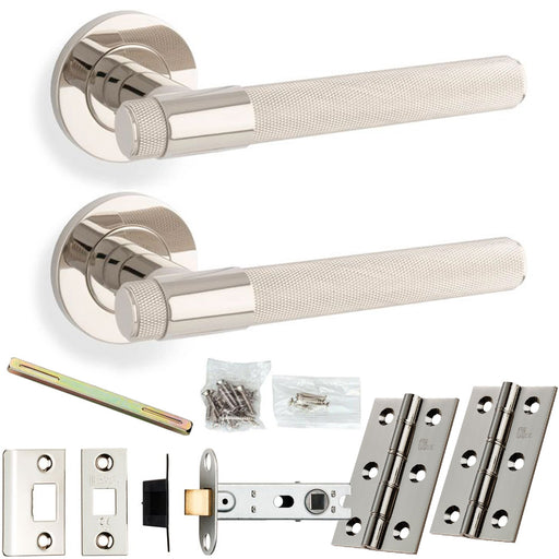 Door Handle & Latch Pack Polished Nickel Modern Knurled Bar Lever On Round Rose