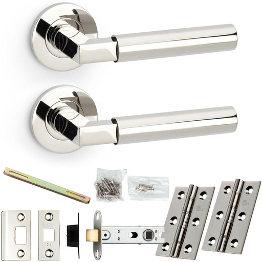 Door Handle & Latch Pack - Polished Nickel - Mitred Smooth Bar Lever Round Rose